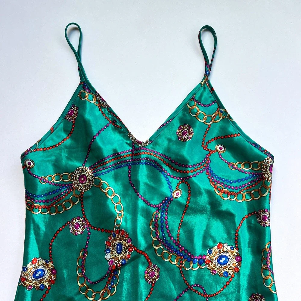 Vintage Opulence Emerald Green Chain Design Satin Slip Dress